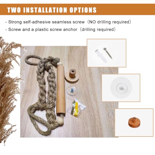 koofull Rattan Toilet Paper Holder, Boho Rope Wood Hanging Tissue Rolls Paper Holder Wall Mounted, Rustic and Natural Unique Bathroom Accessories with Self-Adhesive Seamless Screw - Image 4