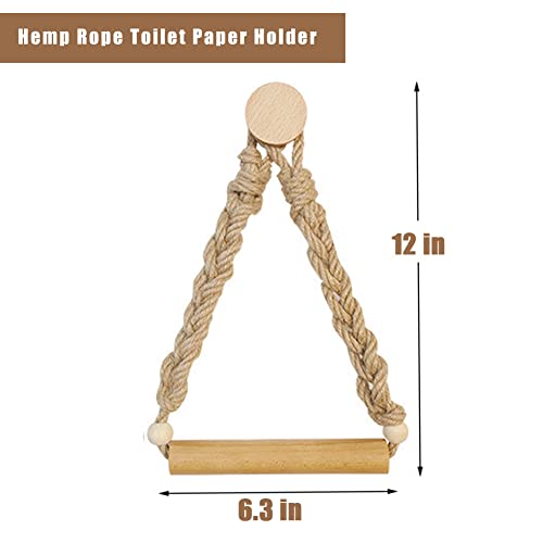 koofull Rattan Toilet Paper Holder, Boho Rope Wood Hanging Tissue Rolls Paper Holder Wall Mounted, Rustic and Natural Unique Bathroom Accessories with Self-Adhesive Seamless Screw - Image 3