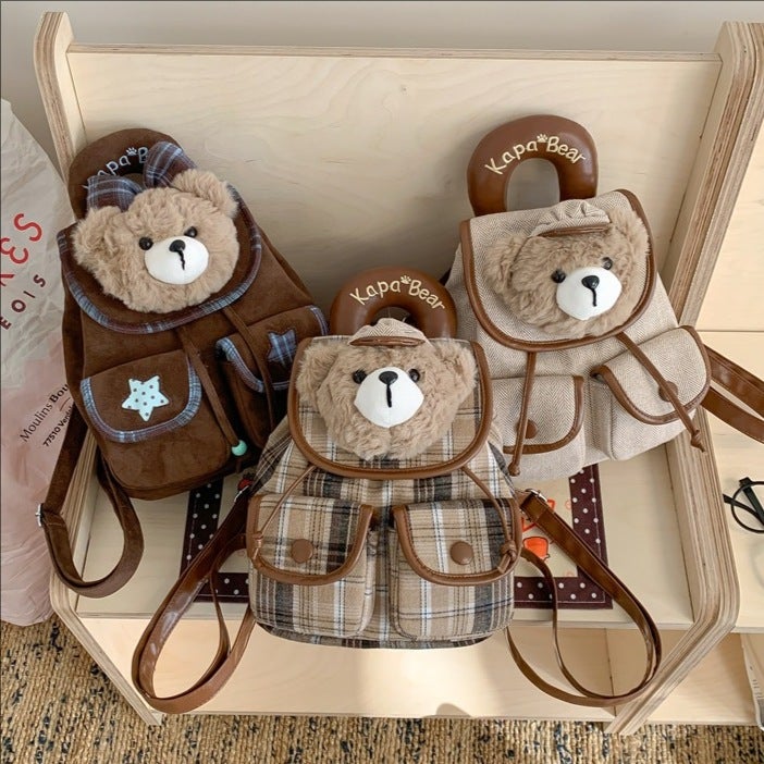 Cute Cartoon Bear Plaid Backpack for Women - Image 1