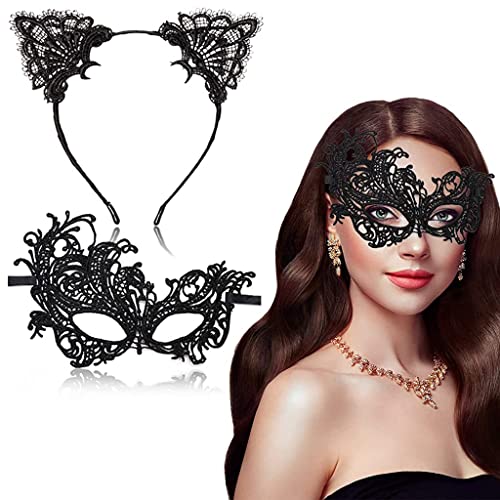 PATPAT® Set of 2 Masquerade Masks Lace Eye Mask Cat Ears Headband for Women, Halloween Mask Party Mask for Women Costume for Cosplay Carnival Party Halloween Christmas Valentine Day (Phoenix) - Image 1