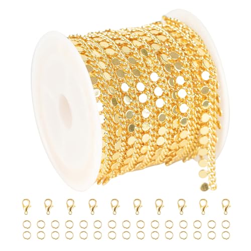 YOUBEIYEE 9.8 Feet 18K Gold Plated Brass Jewelry Chains Bulk Twisted Curb Link Chain Roll Shiny Sequin Waist Chain DIY for Women Jewelry Supplies Findings - Image 1