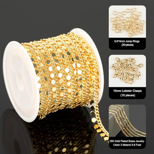 YOUBEIYEE 9.8 Feet 18K Gold Plated Brass Jewelry Chains Bulk Twisted Curb Link Chain Roll Shiny Sequin Waist Chain DIY for Women Jewelry Supplies Findings - Image 2