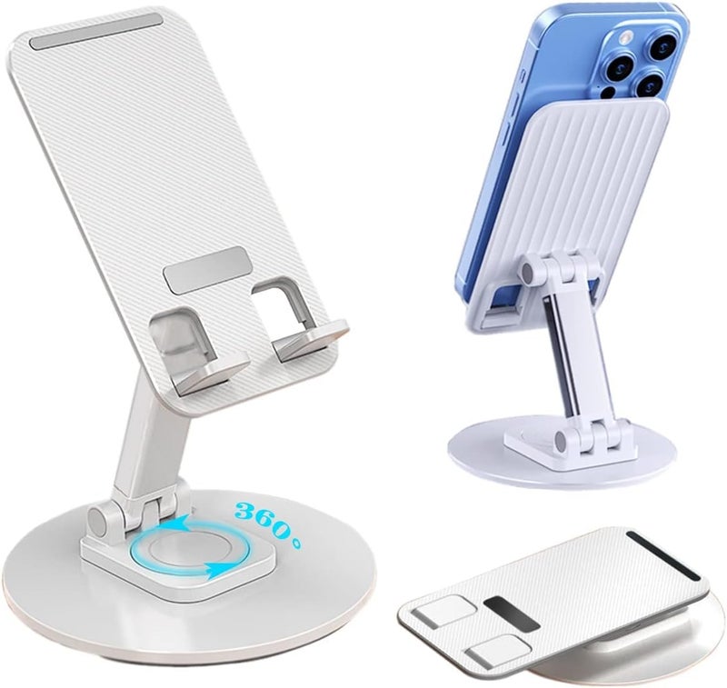 AMBLIC Desktop Adjustable Foldable Mobile Phone Stand Dock Tabletop Mount, Aluminum Stand for Table & Bed Compatible with All Smartphones & Tablets 4 to 11''inch Desk Accessories (White) - Image 1