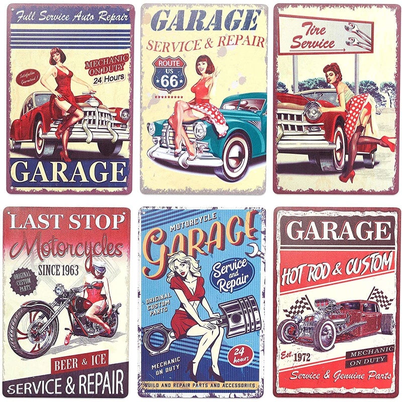 Okuna Outpost 6 Pack Vintage Metal Signs for Retro Garage Wall Decor 6 Designs 8 x 118 In