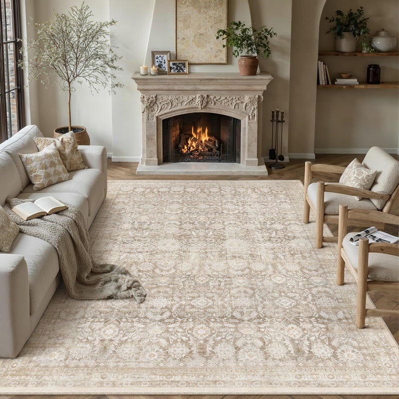 WondRg 8x10 Beige Washable Neutral Area Rug Living Room Floral Non Slip Low Pile Large Rug Vintage Traditional Stain Resistant Distressed Carpet Bedroom Dining Room Office Playroom - Image 1