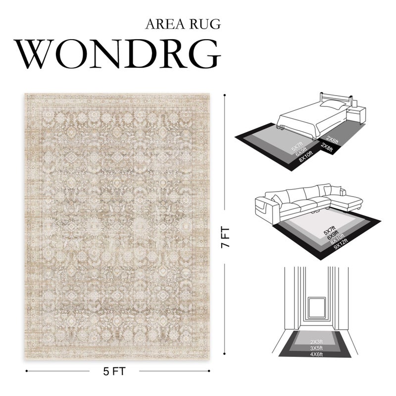 WondRg 8x10 Beige Washable Neutral Area Rug Living Room Floral Non Slip Low Pile Large Rug Vintage Traditional Stain Resistant Distressed Carpet Bedroom Dining Room Office Playroom - Image 2