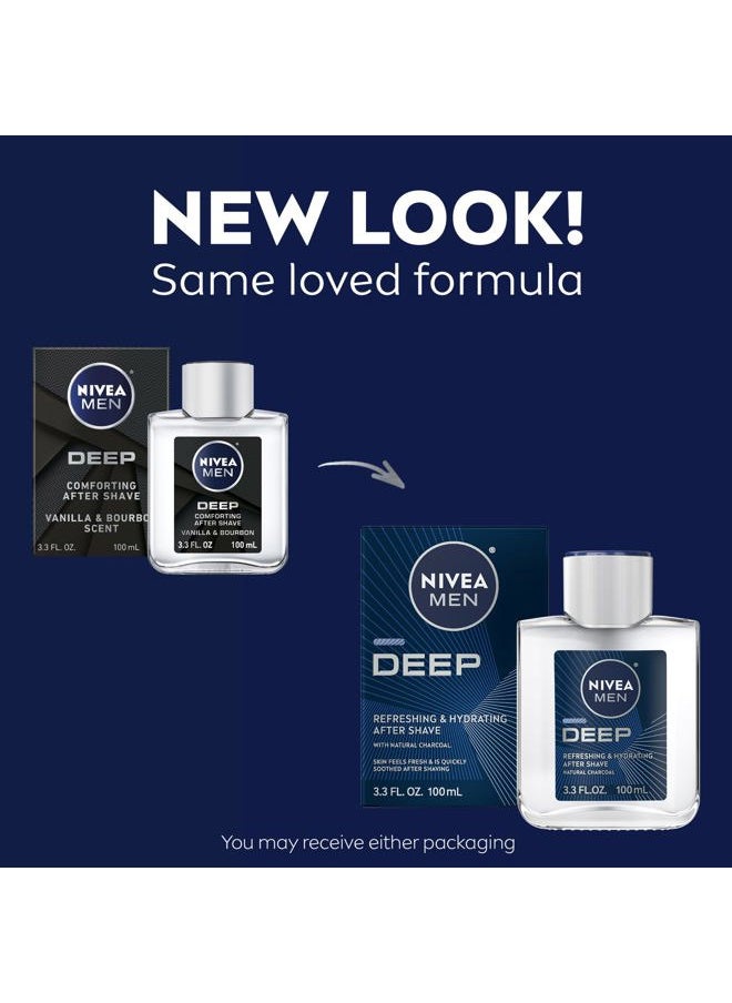 DEEP Refreshing and Hydrating After Shave with Natural Charcoal, Aftershave Lotion for Men Soothes Shave Irritation, Vanilla and Bourbon Scent, 3.3 Fl Oz Bottle, Pack of 3