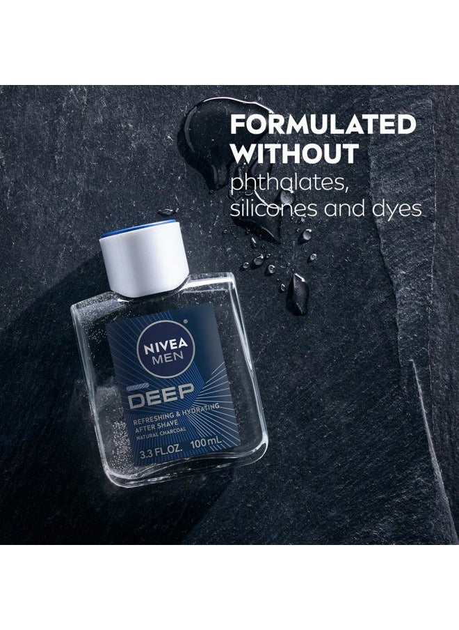 DEEP Refreshing and Hydrating After Shave with Natural Charcoal, Aftershave Lotion for Men Soothes Shave Irritation, Vanilla and Bourbon Scent, 3.3 Fl Oz Bottle, Pack of 3
