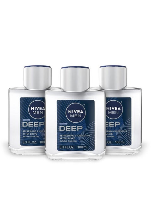DEEP Refreshing and Hydrating After Shave with Natural Charcoal, Aftershave Lotion for Men Soothes Shave Irritation, Vanilla and Bourbon Scent, 3.3 Fl Oz Bottle, Pack of 3