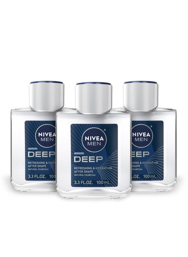 DEEP Refreshing and Hydrating After Shave with Natural Charcoal, Aftershave Lotion for Men Soothes Shave Irritation, Vanilla and Bourbon Scent, 3.3 Fl Oz Bottle, Pack of 3