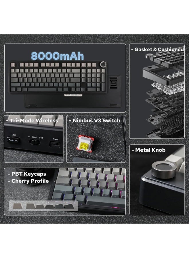 أولا AULA F99 PRO لوحة مفاتيح ألعاب لاسلكية بمفتاح Gray Wood، قابلة للتبديل السريع ومخصصة، 2.4 جيجاهرتز/Type-C/بلوتوث 5.0 مع بطارية 8000 مللي أمبير، بإضاءة خلفية RGB (رمادي متدرج + أسود) - Image 1