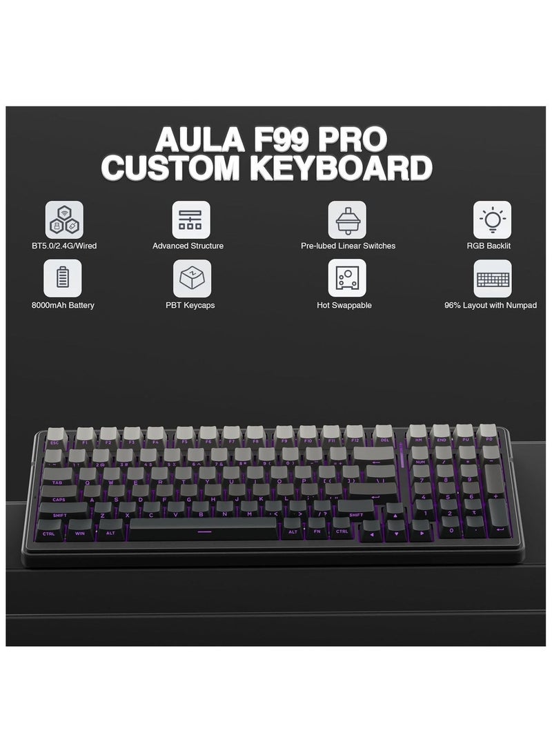 AULA F99 PRO Wireless Mechanical Gaming Keyboard, Hot Swappable, Gray Wood Linear Switch, Bluetooth 5.0 / 2.4G / USB-C, RGB Backlit, 8000mAh Battery – Black Gradient Grey - Image 2