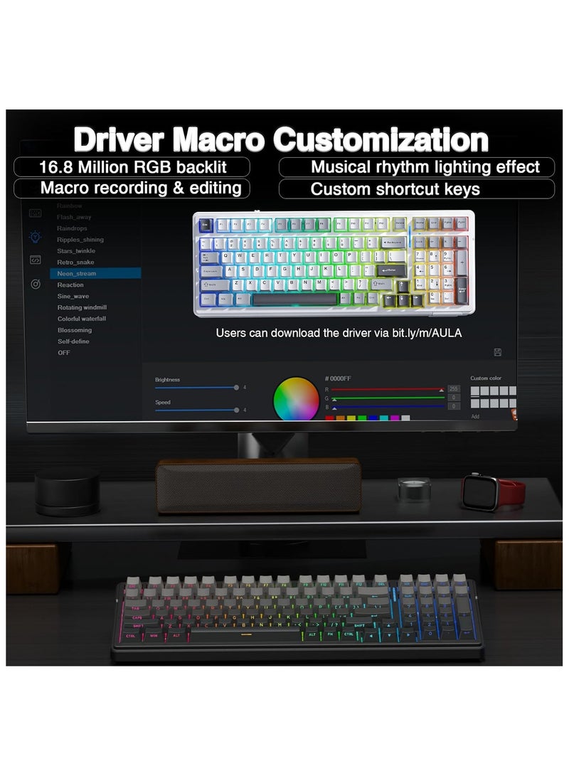 AULA F99 PRO Wireless Mechanical Gaming Keyboard, Hot Swappable, Gray Wood Linear Switch, Bluetooth 5.0 / 2.4G / USB-C, RGB Backlit, 8000mAh Battery – Black Gradient Grey - Image 5