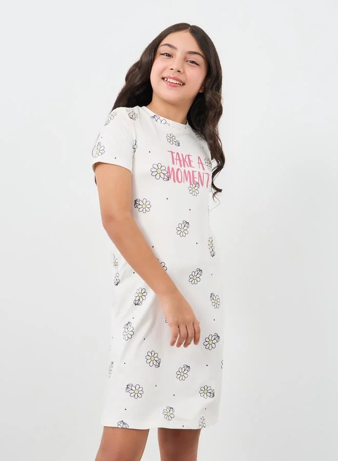 ستايلي Styli Floral Print Round Neck Sleep Dress