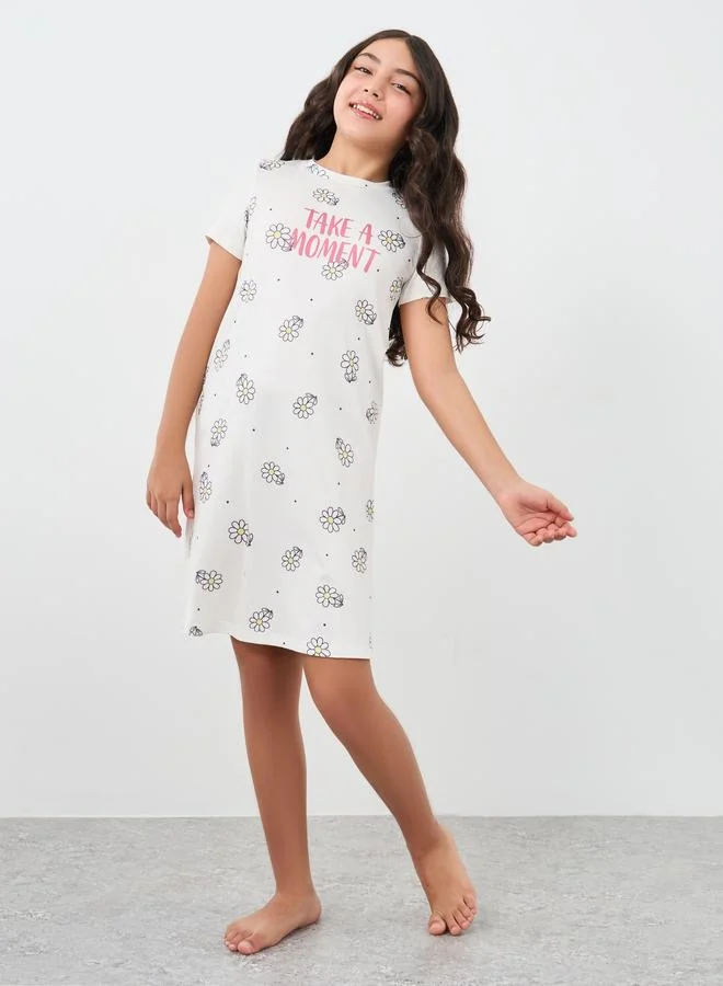 ستايلي Styli Floral Print Round Neck Sleep Dress
