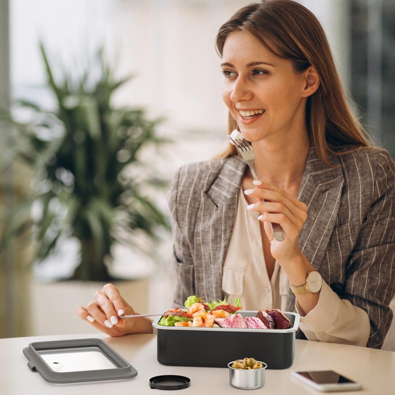 Bakpoco Stainless Steel Bento Box for Adult, 42oz Leak-Proof Lunch Box Containers with Adjustable Divider, Microwave-Safe, Metal Lunchbox with Glass Lid for Work Travel, Black - Image 2