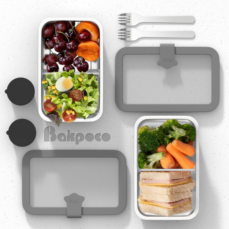 Bakpoco Stainless Steel Bento Box for Adult, 42oz Leak-Proof Lunch Box Containers with Adjustable Divider, Microwave-Safe, Metal Lunchbox with Glass Lid for Work Travel, Black - Image 5