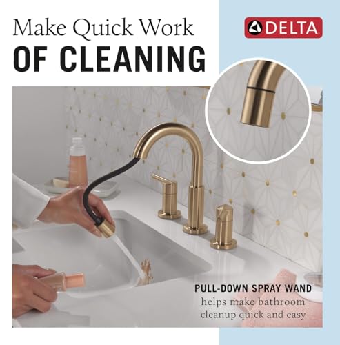 Delta Nicoli Brushed Gold Bathroom Faucet with Sprayer 8 Inch 3 Hole Widespread Bathroom Sink Faucet with Pull Out Sprayer PushPop Drain Champagne Bronze 35749LFCZPD - Image 3