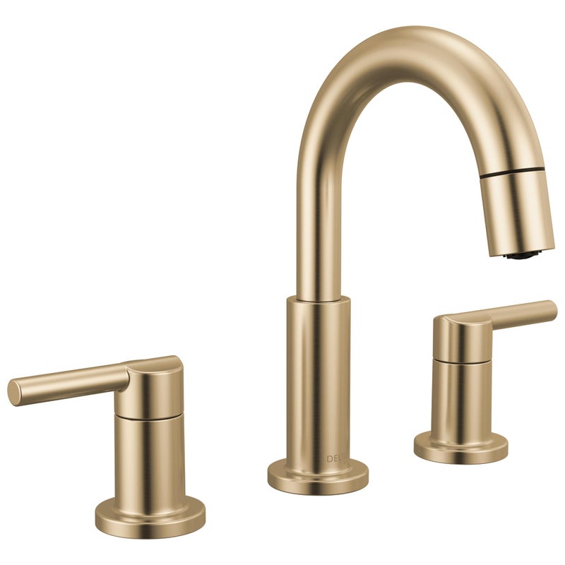 Delta Nicoli Brushed Gold Bathroom Faucet with Sprayer 8 Inch 3 Hole Widespread Bathroom Sink Faucet with Pull Out Sprayer PushPop Drain Champagne Bronze 35749LFCZPD - Image 2
