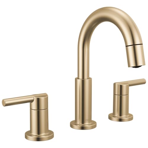 Delta Nicoli Brushed Gold Bathroom Faucet with Sprayer 8 Inch 3 Hole Widespread Bathroom Sink Faucet with Pull Out Sprayer PushPop Drain Champagne Bronze 35749LFCZPD - Image 1