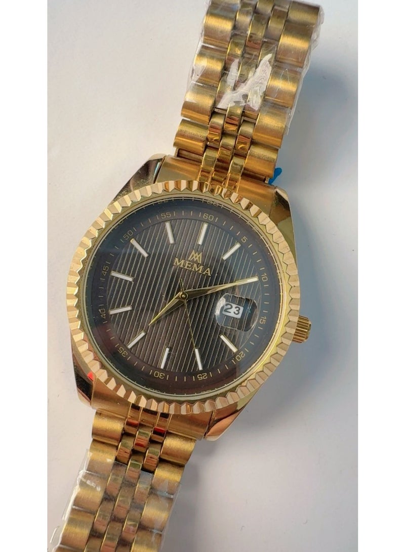 MEMA Men's Luxury Gold-Plated Watch – Elegant Fluted Bezel, Textured Dial & Date Display - Image 3