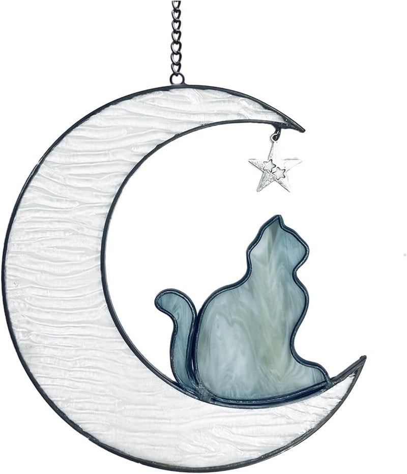 YT3 Studio Cat Memorial Gifts Ornament, Cat on Moon Stained Glass Window Hanging, Cat Suncatcher Decor, Pet Memorial Gifts for Cat, Cat Themed Gifts for Cat Lovers, Cat Remembrance Gifts for Women, Mom - Image 1