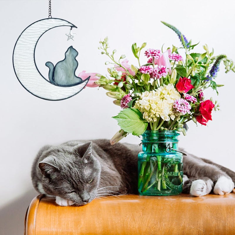YT3 Studio Cat Memorial Gifts Ornament, Cat on Moon Stained Glass Window Hanging, Cat Suncatcher Decor, Pet Memorial Gifts for Cat, Cat Themed Gifts for Cat Lovers, Cat Remembrance Gifts for Women, Mom - Image 4