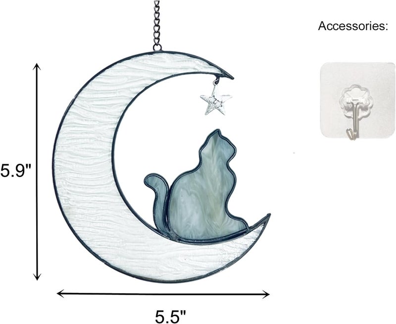 YT3 Studio Cat Memorial Gifts Ornament, Cat on Moon Stained Glass Window Hanging, Cat Suncatcher Decor, Pet Memorial Gifts for Cat, Cat Themed Gifts for Cat Lovers, Cat Remembrance Gifts for Women, Mom - Image 2