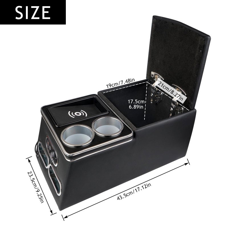 Htostar Racing Upgrade Universal Center Console Organizer with Inductive Charging Stand, Fast Charging, Cup Holder, and Phone Holder for Car, Truck, and Van, Back Bench Seat Armrest Middle Storage Box - Image 3
