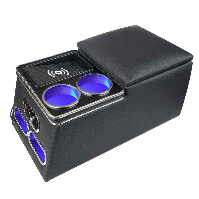 Htostar Racing Upgrade Universal Center Console Organizer with Inductive Charging Stand, Fast Charging, Cup Holder, and Phone Holder for Car, Truck, and Van, Back Bench Seat Armrest Middle Storage Box - Image 1