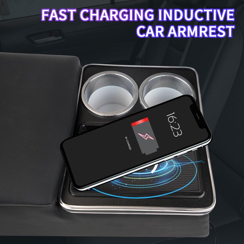 Htostar Racing Upgrade Universal Center Console Organizer with Inductive Charging Stand, Fast Charging, Cup Holder, and Phone Holder for Car, Truck, and Van, Back Bench Seat Armrest Middle Storage Box - Image 2