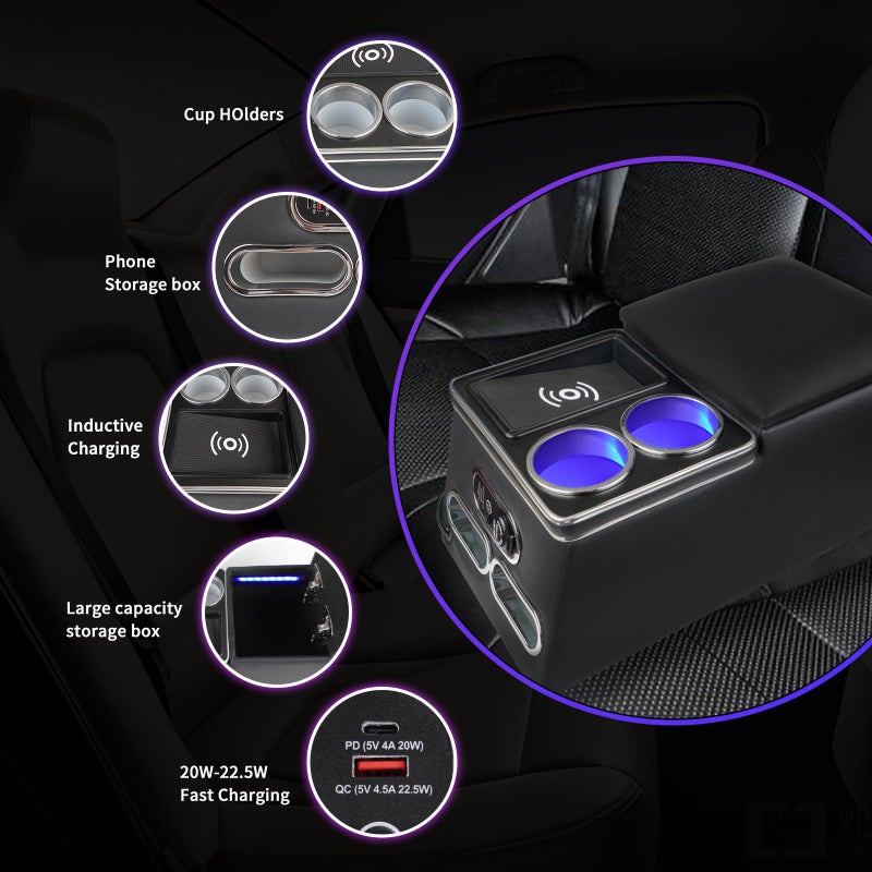 Htostar Racing Upgrade Universal Center Console Organizer with Inductive Charging Stand, Fast Charging, Cup Holder, and Phone Holder for Car, Truck, and Van, Back Bench Seat Armrest Middle Storage Box - Image 5