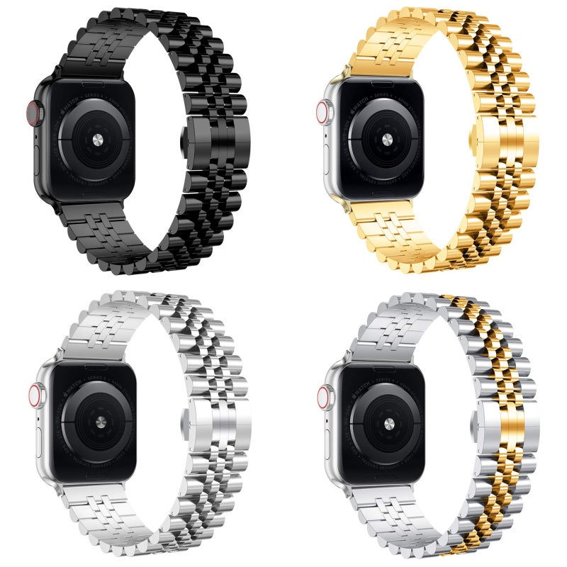Metal Five Baht Replacement Steel Watch Band For Apple Watch Series 9&8&7 41mm / SE 3&SE 2&6&SE&5&4 40mm / 3&2&1 38mm(Between Gold)