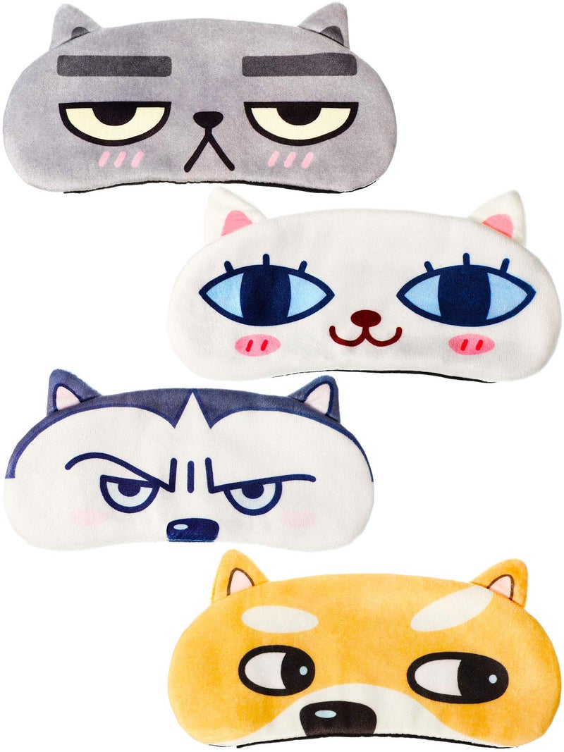 4 Pieces Kids Sleeping Mask Cat Dog Funny Animal Sleep Eye Mask Blindfold for Adults with Adjustable Strap Soft Cute Eyeshade Cover for Blocking out Lights Sweet Sleep Travel Relax Nap Meditation