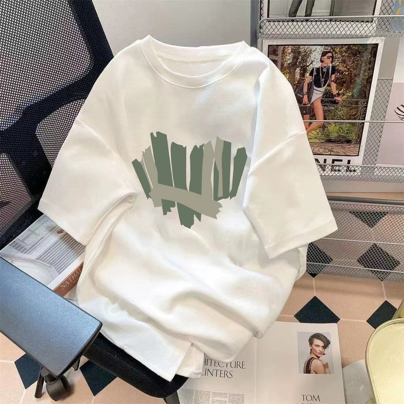 تي شيرت صيفي نصف كم بطباعة نمط بسيط بالجملة من المصنع بسيط جوكر فضفاض بياقة دائرية قصيرة الأكمام X336 (أسود) - Image 2