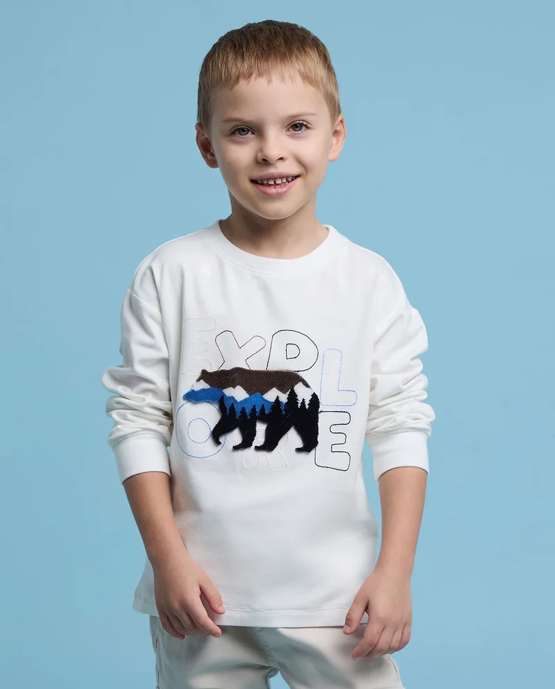 أر أند بي Printed T-Shirt with Crew Neck and Long Sleeves