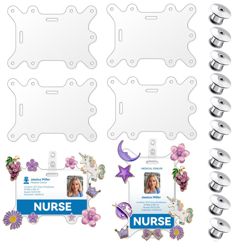 Verigud 4 Badge Buddy Pin Holders with 10 Locking Pin Backs, Acrylic Pin Holder with 9 Holes, Compatible with Both Horizontal and Vertical ID Badges for Nurses, Students, Employees(Not Badge Holders) - Image 1