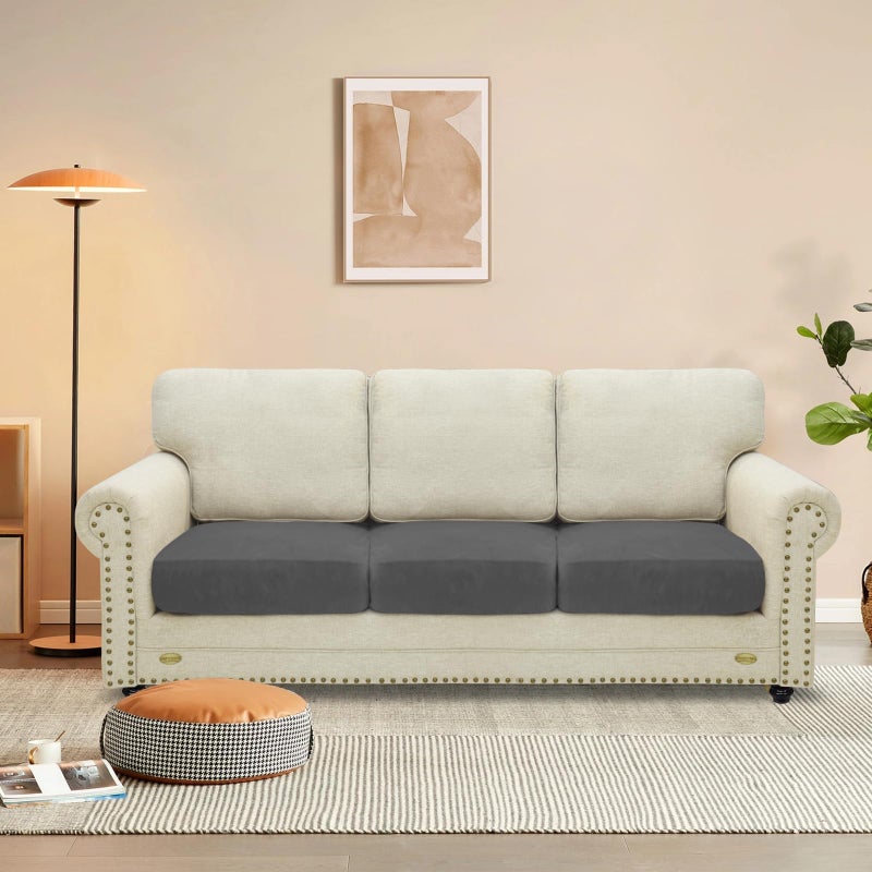 MAXIJIN Velvet Stretch Cushion Covers Fitted Couch Cushion Slipcovers Sofa Seat Cushion Covers for Individual Cushions with Elastic Bottom (3 Piece Sofa Seat Slipcovers, Gray) - Image 2
