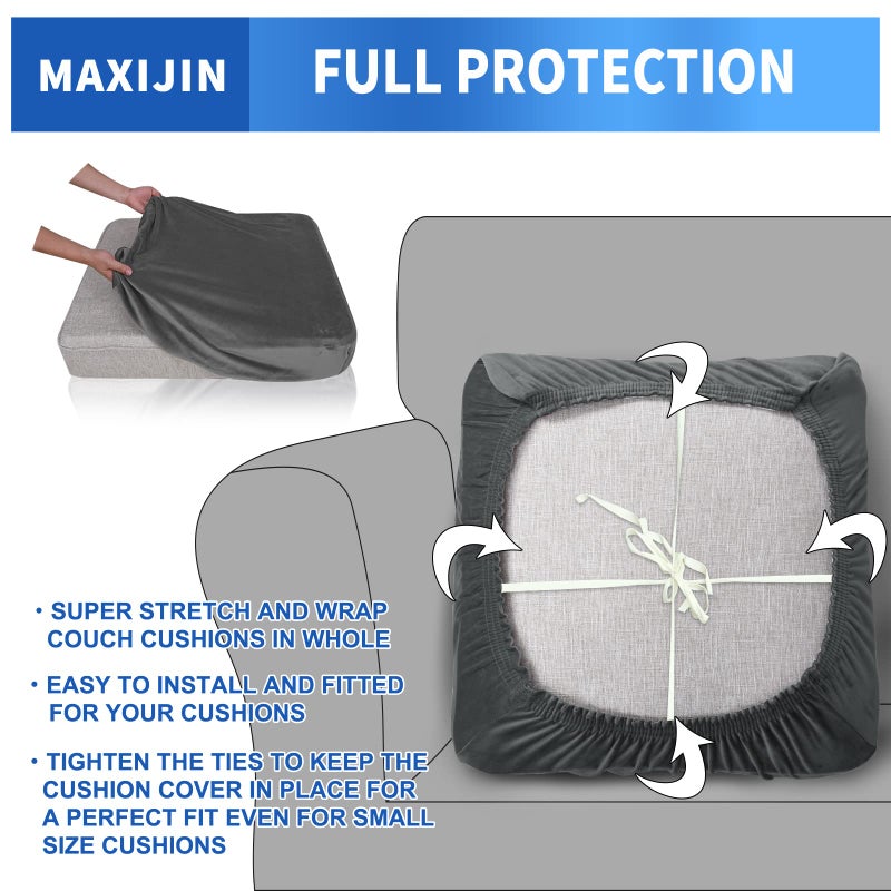 MAXIJIN Velvet Stretch Cushion Covers Fitted Couch Cushion Slipcovers Sofa Seat Cushion Covers for Individual Cushions with Elastic Bottom (3 Piece Sofa Seat Slipcovers, Gray) - Image 4