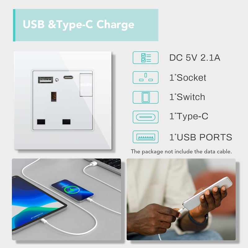 5 Pack Single Switched Wall Socket 1 Gang White with USB C & USB A Charging ports, Wall Switch Power Socket with Glass Panel - Image 5