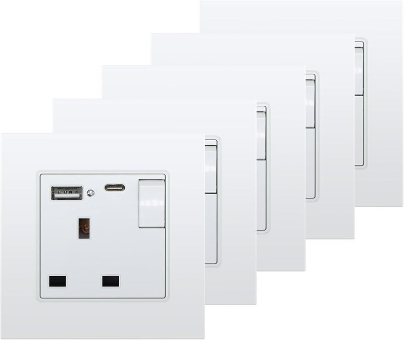 5 Pack Single Switched Wall Socket 1 Gang White with USB C & USB A Charging ports, Wall Switch Power Socket with Glass Panel - Image 1
