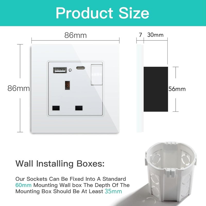 5 Pack Single Switched Wall Socket 1 Gang White with USB C & USB A Charging ports, Wall Switch Power Socket with Glass Panel - Image 2