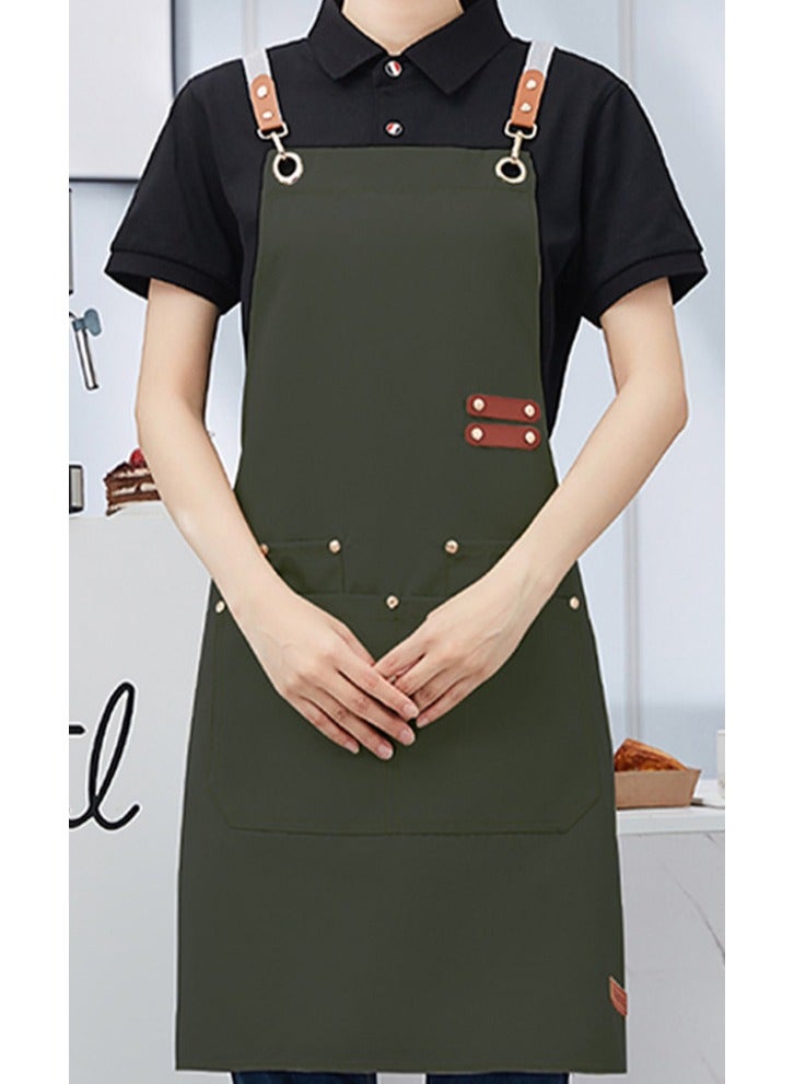 Loquat Adjustable Double Shoulder Chef Apron Waterproof and Oilproof Kitchen Apron Military Green Color 