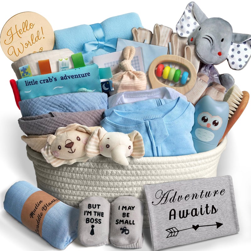 Kipwake 27-Piece Baby Shower Gifts for Boys, Newborn Essentials Must Haves,Large Baby Boy Gift Basket Set Essential Stuff,Gender Reveal Gifts,Rattle Swaddle,Blue,Baby Registry Search,Diaper Caddy Organizer - Image 1