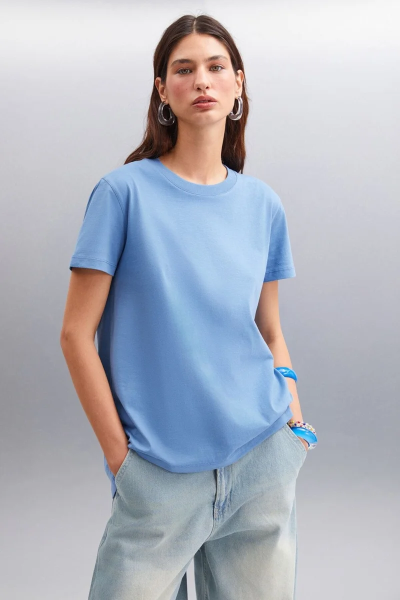 جريميلانج Samantha Women's Comfort Fit 100% Organic Cotton Basic Knitted Indigo T-shirt