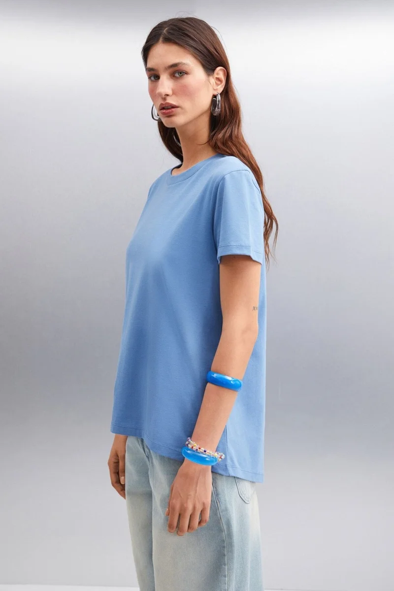 جريميلانج Samantha Women's Comfort Fit 100% Organic Cotton Basic Knitted Indigo T-shirt