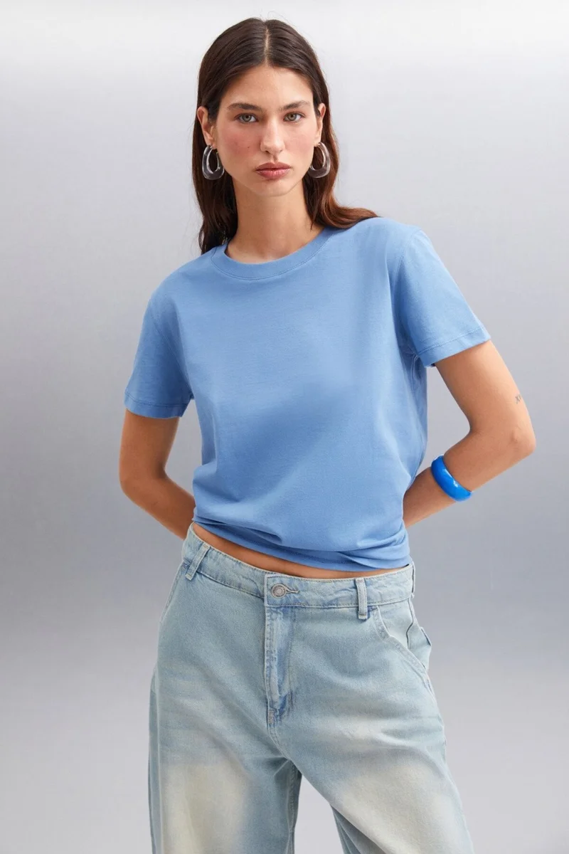 جريميلانج Samantha Women's Comfort Fit 100% Organic Cotton Basic Knitted Indigo T-shirt