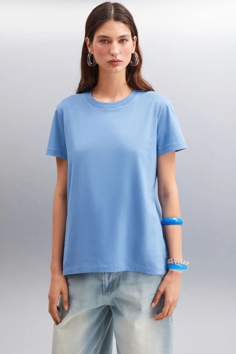 جريميلانج Samantha Women's Comfort Fit 100% Organic Cotton Basic Knitted Indigo T-shirt