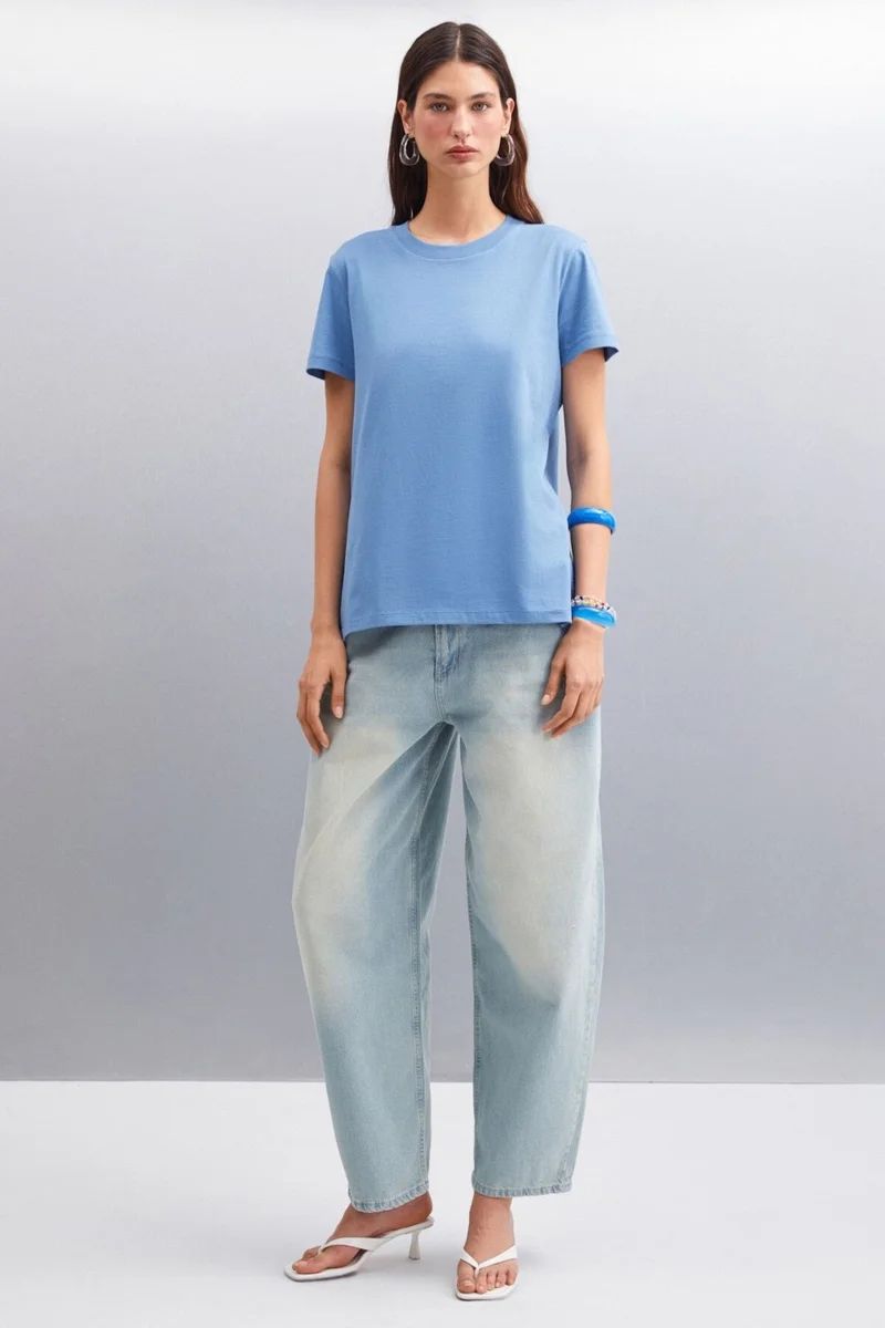 جريميلانج Samantha Women's Comfort Fit 100% Organic Cotton Basic Knitted Indigo T-shirt