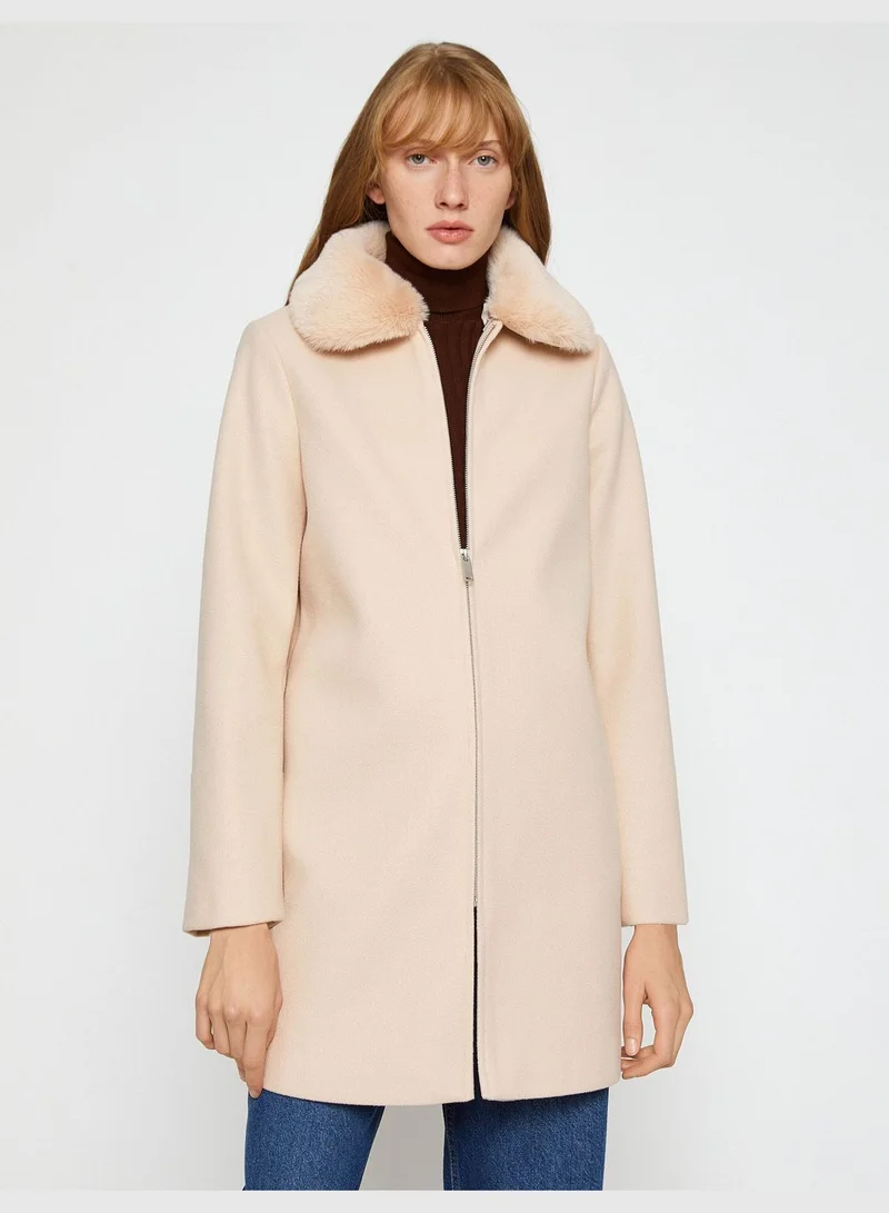 KOTON Zipper Coat Faux Fur Detail